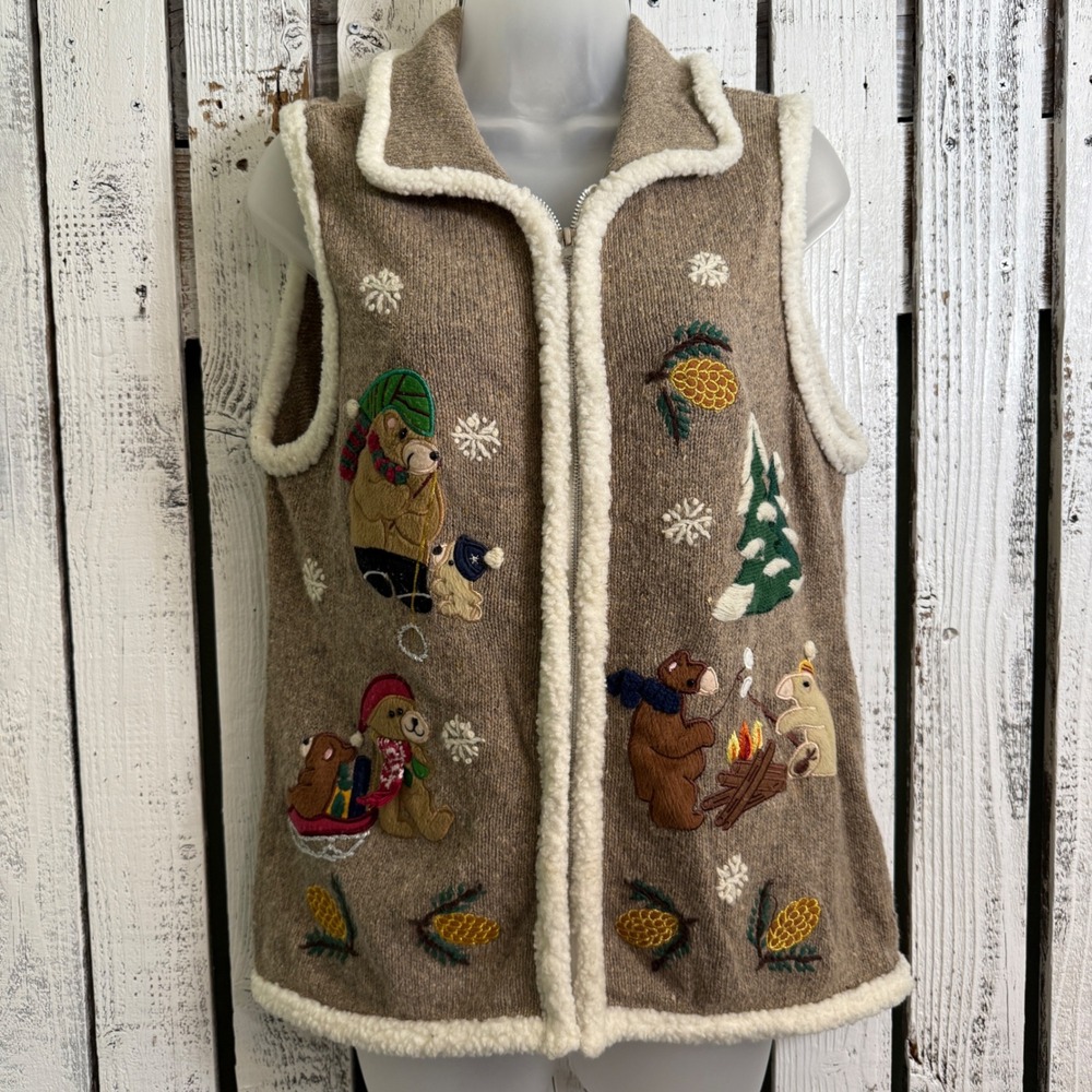 Beige Embroidered Sherpa Trim Women’s Vest